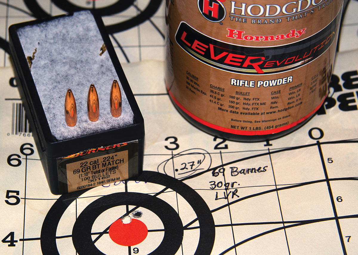 The author’s load of 30 grains of Hodgdon LEVERevolution produced a .27-inch, three-shot group sent at 3,141 fps.